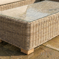 Cora Scandi-Coastal Large Corner Sofa Set – Beige Rattan & Glass Table