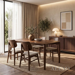 ALUXO® Daisy 1.5m Walnut Dining Set – 4-Leg Base Table with 4/6 Kingswood Oatmeal Bouclé Chairs