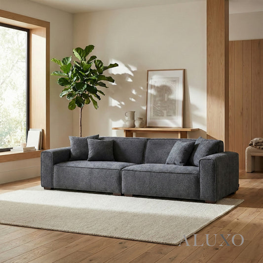 ALUXO® Dakota 4 Seater Large Sofa – Charcoal Grey Bouclé | Feather-Filled