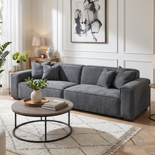 ALUXO® Dakota 4 Seater Large Sofa – Charcoal Grey Bouclé | Feather-Filled
