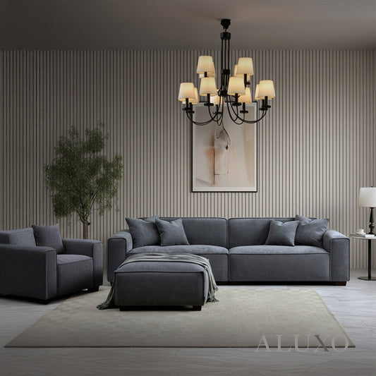 ALUXO® Dakota 3/4 Seater Sofa, Armchair & Footstool – Charcoal Grey Bouclé
