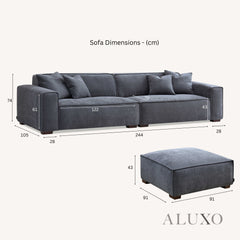 ALUXO® Dakota 4-Seater Sofa with Footstool – Midnight Black Bouclé