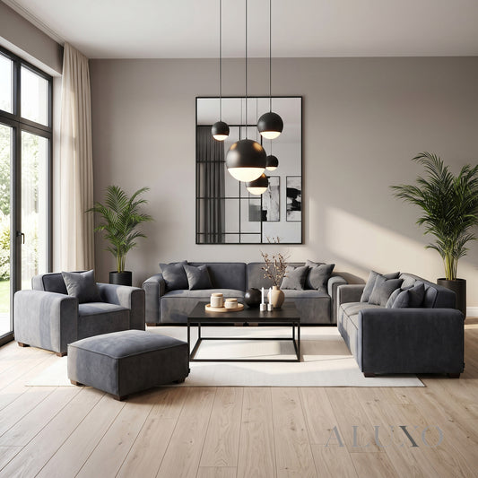 ALUXO® Dakota Complete Sofa Set – 4+3+1+Footstool | Charcoal Grey Bouclé
