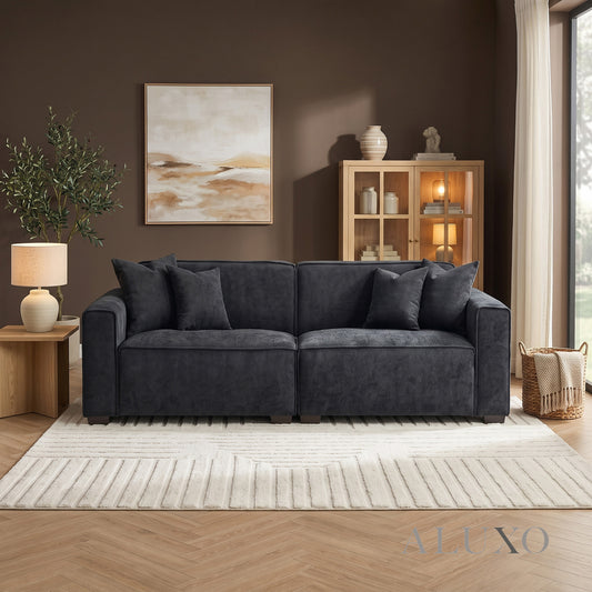 ALUXO® Dakota 3 Seater Sofa – Midnight Black Bouclé | Feather-Filled