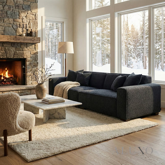 ALUXO® Dakota 4 Seater Large Sofa – Midnight Black Bouclé | Feather-Filled