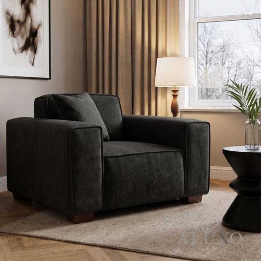 ALUXO® Dakota Armchair – Midnight Black Bouclé | Feather-Filled Accent Chair