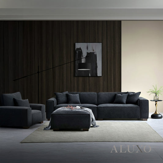 ALUXO® Dakota 3/4 Seater Sofa, Armchair & Footstool – Midnight Black Bouclé