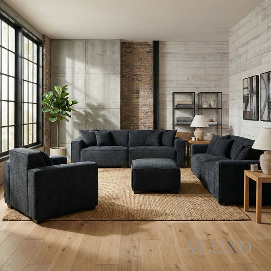 ALUXO® Dakota Complete Sofa Set – 4+3+1+Footstool | Midnight Black Bouclé