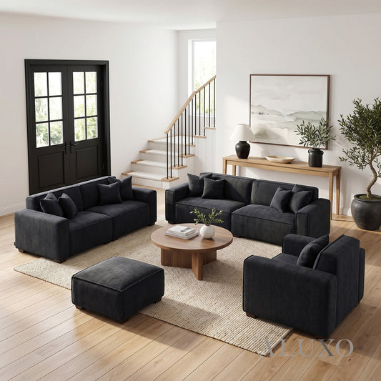 ALUXO® Dakota Complete Sofa Set – 4+3+1+Footstool | Midnight Black Bouclé