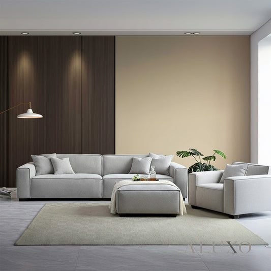 ALUXO® Dakota 3/4 Seater Sofa, Armchair & Footstool – Pebble Grey Bouclé