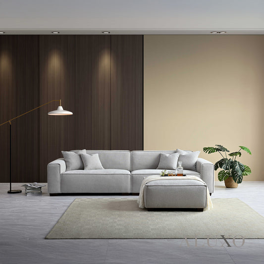 ALUXO® Dakota 4-Seater Sofa with Footstool – Pebble Grey Bouclé