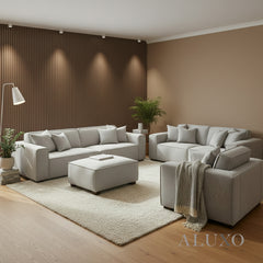 ALUXO® Dakota 3/4 Seater Sofa, Armchair & Footstool – Pebble Grey Bouclé