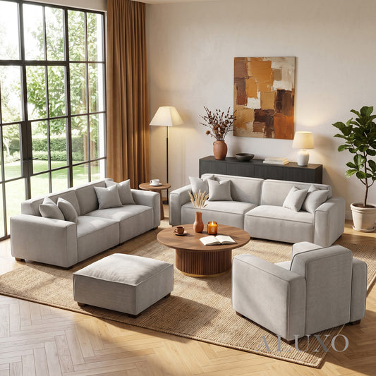 ALUXO® Dakota Complete Sofa Set – 4+3+1+Footstool | Pebble Grey Bouclé