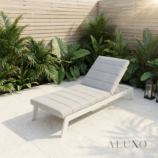 ALUXO® Dasia Luxury Outdoor Sun Lounger – White Aluminium & Pebble Grey Cushion