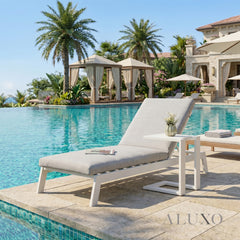 ALUXO® Dasia Luxury Outdoor Sun Lounger with Table Set – White Aluminium