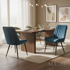 Didrik Velvet Dining Chair | Scandinavian Style, Line Stitch Back, Black Legs | Navy Blue / Cream / Teal