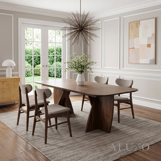 ALUXO® Dino 2.4m Walnut Dining Set – Architectural Base Table with 4/6/8 Oxford Oatmeal Bouclé Chairs