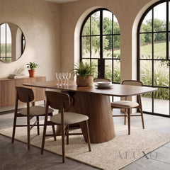ALUXO® Elegantia 1.8m Walnut Dining Set – Sculptural Pedestal Base Table with 4/6/8 Elegantia Oatmeal Bouclé Chairs