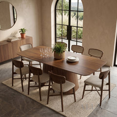 ALUXO® Elegantia 1.8m Walnut Dining Set – Sculptural Pedestal Base Table with 4/6/8 Elegantia Oatmeal Bouclé Chairs