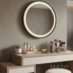 Orel 80cm Round LED Wall Mirror with Black Aluminium Frame – 3-Tone Lighting