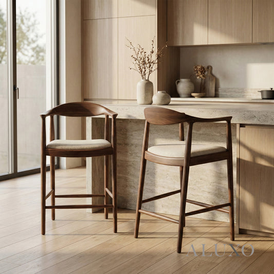 ALUXO® Fern Walnut Bar Stool with Oatmeal Bouclé Upholstery