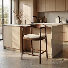 ALUXO® Fern Walnut Bar Stool with Oatmeal Bouclé Upholstery