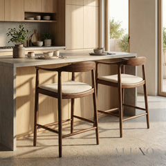 ALUXO® Fern Walnut Bar Stool with Oatmeal Bouclé Upholstery