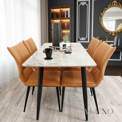 Folke Leather Dining Chair | Tan Orange Ruched Style, Faux Leather, Scandinavian Legs