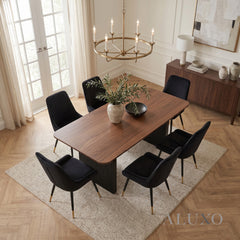 ALUXO® Genesis 1.8m Walnut Dining Set – Black Fluted Base Table with 4/6 Lyder Black Velvet Chairs