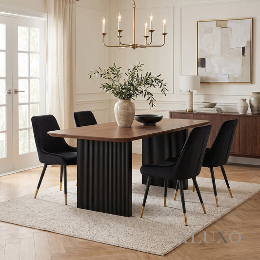 ALUXO® Genesis 1.8m Walnut Dining Set – Black Fluted Base Table with 4/6 Lyder Black Velvet Chairs