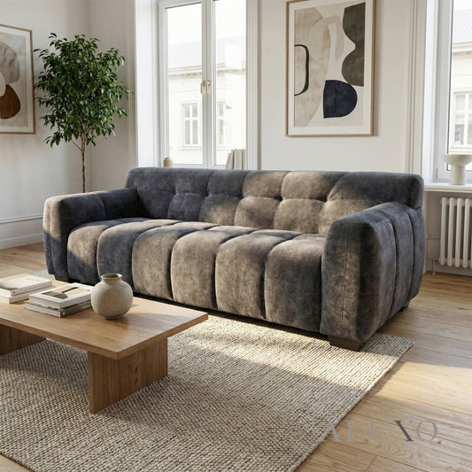 ALUXO® Harlem 3 Seater Sofa – Steel Grey Mermaid Velvet | Deep Channel Stitched