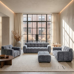 ALUXO® Harlem Full Sofa Set – Steel Grey Mermaid Velvet | 3+2 Seater, Armchair & Footstool