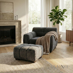 ALUXO® Harlem Modular Footstool – Steel Grey Mermaid Velvet | Deep Channel Stitched