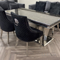 Bentley Chrome Black Velvet Dining Chair | Quilted Back, Studded Detailing & Lion Knocker