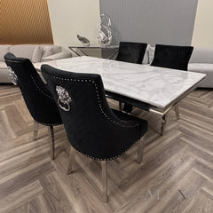 ALUXO® Bentley Chrome Black Velvet Dining Chair | Quilted Back, Studded Detailing & Lion Knocker