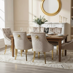 Henrik Gold Beige Velvet Dining Chair | Quilted Back, Studded Detailing & Lion Knocker
