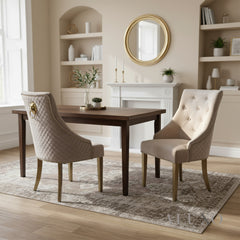 Henrik Gold Beige Velvet Dining Chair | Quilted Back, Studded Detailing & Lion Knocker