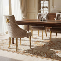 Henrik Gold Beige Velvet Dining Chair | Quilted Back, Studded Detailing & Lion Knocker