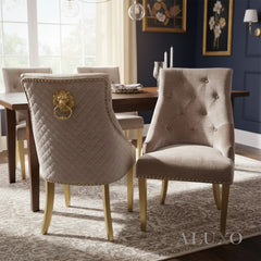 Henrik Gold Beige Velvet Dining Chair | Quilted Back, Studded Detailing & Lion Knocker