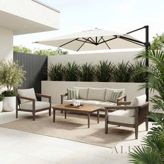 ALUXO® Hemera 5-Seater Luxury Lounge Set – Truffle Aluminium & PS Wood Slat Table
