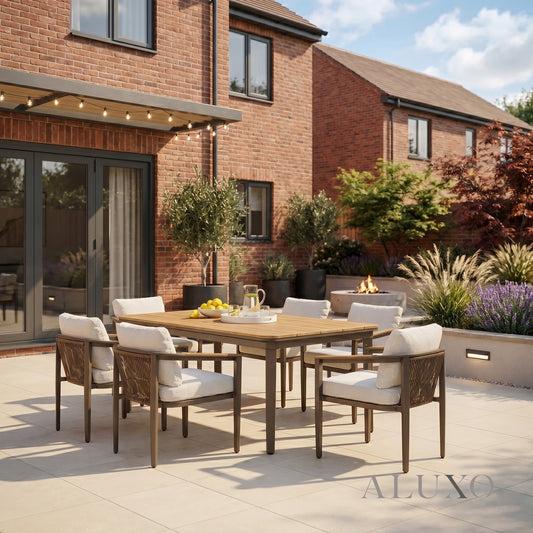ALUXO® Hemera 6-Seater Luxury Dining Set – Truffle Aluminium & PS Wood Slat Table