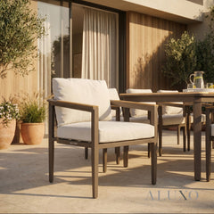 ALUXO® Hemera 6-Seater Luxury Dining Set – Truffle Aluminium & PS Wood Slat Table