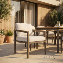 (PRE-ORDER) ALUXO® Hemera 6-Seater Luxury Dining Set – Truffle Aluminium & PS Wood Slat Table