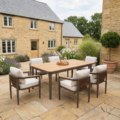 ALUXO® Hemera 6-Seater Luxury Dining Set – Truffle Aluminium & PS Wood Slat Table