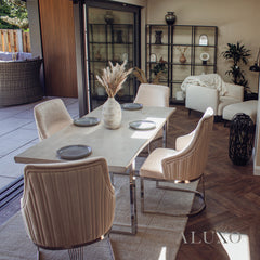 Ivar 1.8m Slimline Chrome Dining Set – Solid Pine Wood Table with 4 Olivia Velvet Chairs