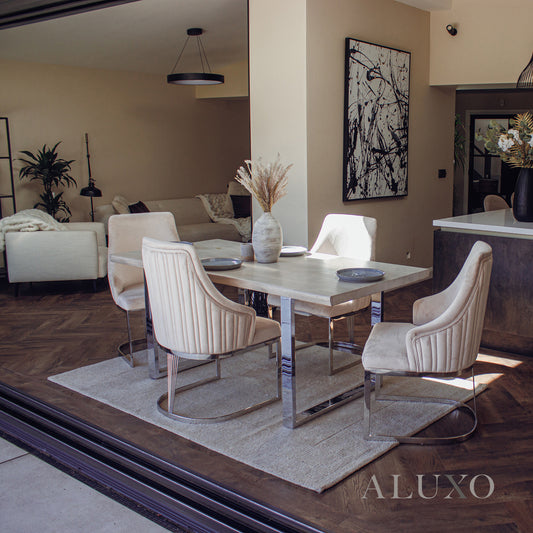 Ivar 1.8m Slimline Chrome Dining Set – Solid Pine Wood Table with 4 Olivia Velvet Chairs