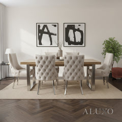 Ivar 1.8m Light Pine Wood Dining Table with 4/6 Oskar Beige Velvet Chairs