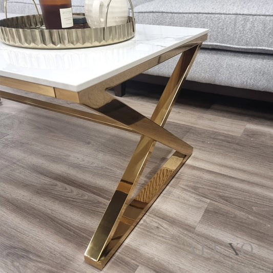 Jiro 120cm Gold Coffee Table with White Sintered Stone Top – Modern Centrepiece