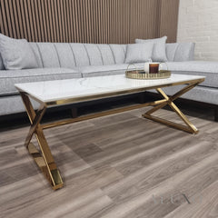 Jiro 120cm Gold Coffee Table with White Sintered Stone Top – Modern Centrepiece