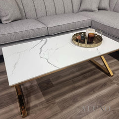 Jiro 120cm Gold Coffee Table with White Sintered Stone Top – Modern Centrepiece